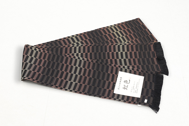 米沢織 近賢織物 半幅帯 虹色 茶色系