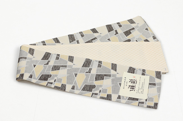 米沢織 近賢織物 半幅帯 遊遊 幾何学 薄黄色