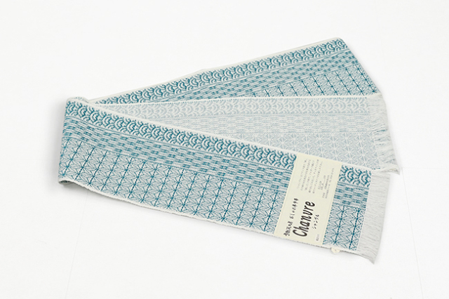 米沢織 近賢織物 麻 半幅帯 シャンヴル 刺し子 寄せ模様 横段 白×青緑