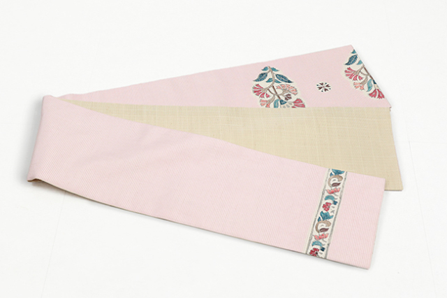 正絹 半幅帯 木版染め 花 ピンクxベージュ