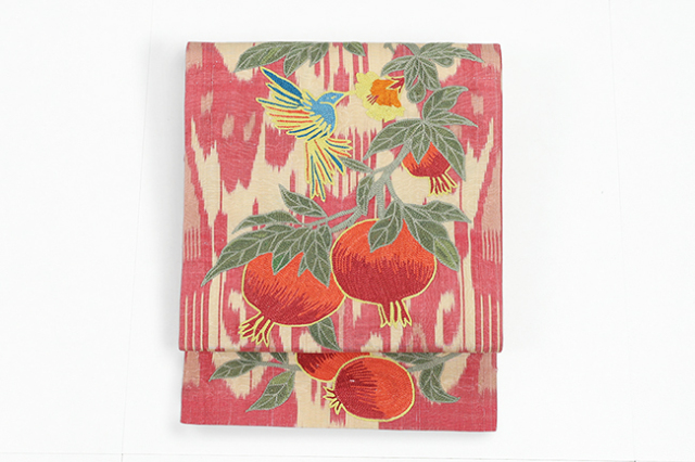 ウズベキスタン 正絹 九寸名古屋帯 お仕立て上がり品 スザニ刺繍 絣 イカット SNO-71 赤