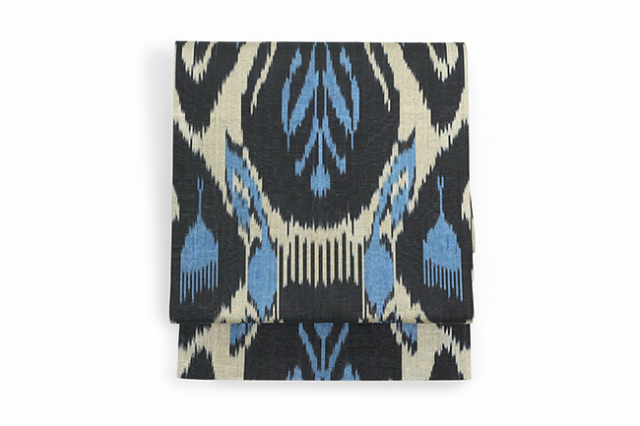 ウズベキスタン 正絹 九寸名古屋帯 お仕立て上がり品 絣 イカット ANO-32 濃灰色