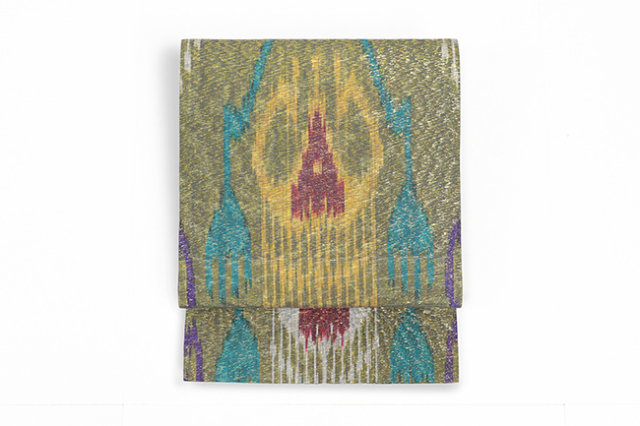 ウズベキスタン 正絹 九寸名古屋帯 お仕立て上がり品 絣 イカット RANO-79 緑系