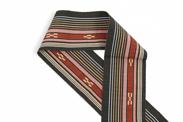 沖縄 伝統的工芸品 八重山ミンサー 木綿 半幅帯 ベージュ×青