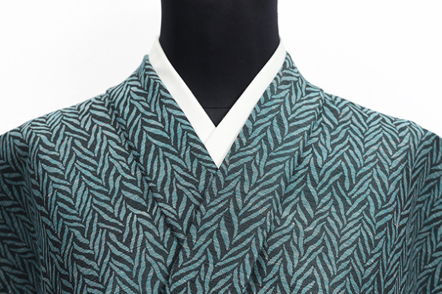 綿麻着物 米沢 シン・三凪 葉 青緑