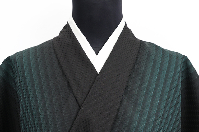 正絹着物 お召し 縞 ぼかし染め 深緑色