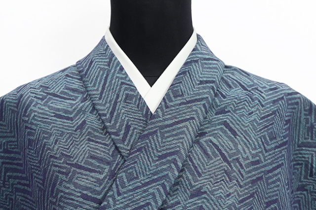 米沢木綿 綿麻着物  紋KIPPE(きっぺ) めんこあさ 広幅 ジグザグ 灰水ｘ紺