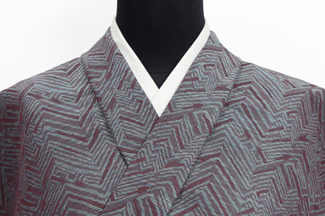 米沢木綿 綿麻着物  紋KIPPE(きっぺ) めんこあさ 広幅 ジグザグ 灰水ｘ灰紫