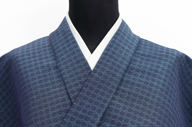 米沢木綿 綿麻着物  紋KIPPE(きっぺ) めんこあさ 広幅 タイル 紺ｘ青