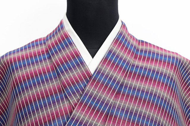 米沢織 綿麻着物 夏KIPPE(きっぺ) 涼しま 広幅 縞 多色ボーダー ピンク×青 ◆男女兼用◆