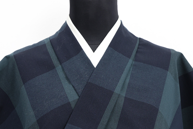 片貝木綿 木綿着物 紺仁工房 チェック 濃灰緑×紺