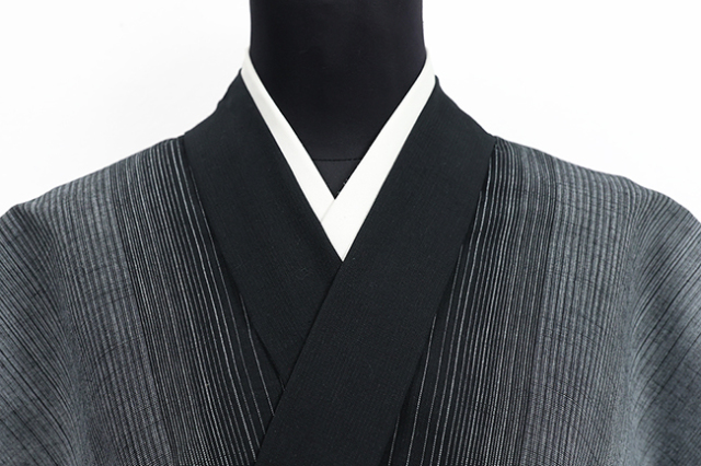 片貝木綿 木綿着物 紺仁工房 縞 黒×灰色