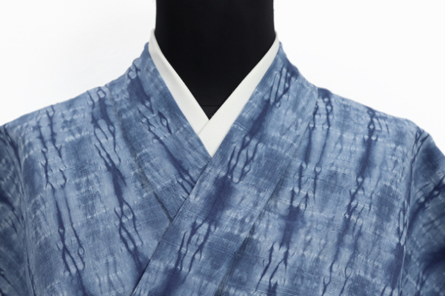片貝木綿 木綿着物 紺仁工房 普段着きもの 縫締め絞り ダブル縞五目  青