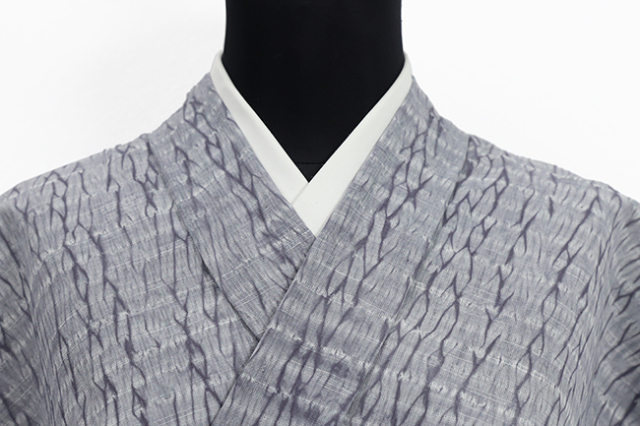 片貝木綿 木綿着物 紺仁工房 普段着きもの 縫締め絞り 杢目絞り 灰色