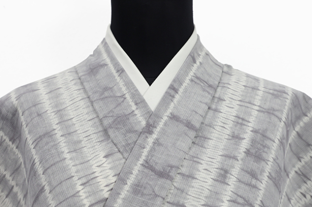 片貝木綿 木綿着物 紺仁工房 普段着きもの 縫締め絞り ランダム縞 灰色