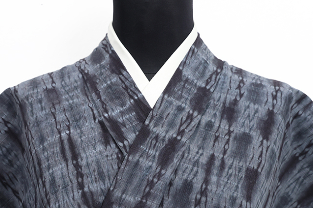 片貝木綿 木綿着物 紺仁工房 普段着きもの 縫締め絞り ダブル縞五目 濃灰