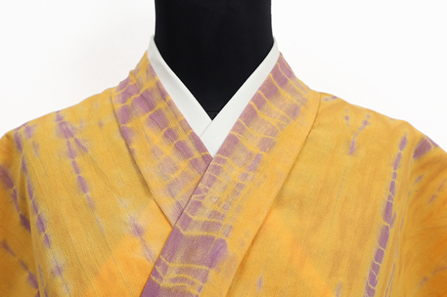 ひでや工房 木綿着物 綿ちりめん 絞り染め 黄色×紫