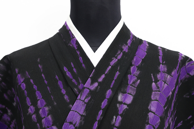 ひでや工房 木綿着物 綿ちりめん 絞り染め 黒×紫