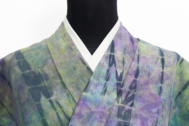 ひでや工房 木綿着物 綿ちりめん 絞り染め 緑系