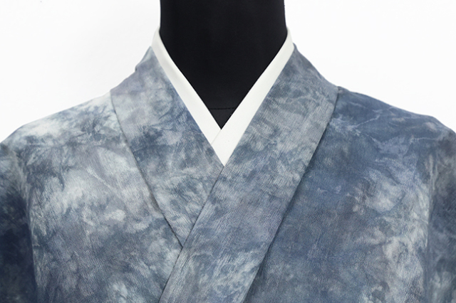 ひでや工房 木綿着物 綿ちりめん かご染め 灰色