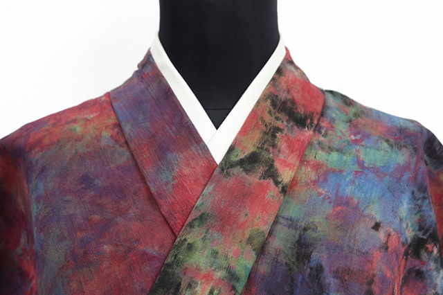 ひでや工房 木綿着物 綿ちりめん かご染め 赤紫