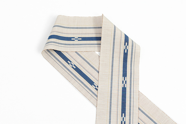 沖縄 伝統的工芸品 八重山ミンサー 木綿 半幅帯 ベージュ×青