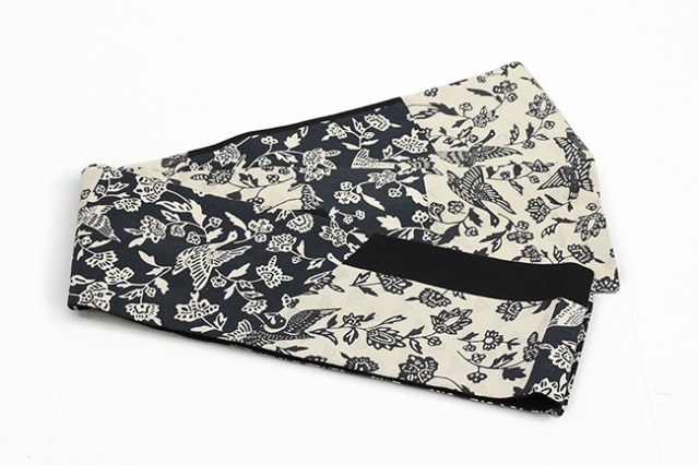 ひでや工房 綿 半幅帯 花鳥風月 更紗鳥 リバーシブル 灰色×濃紺