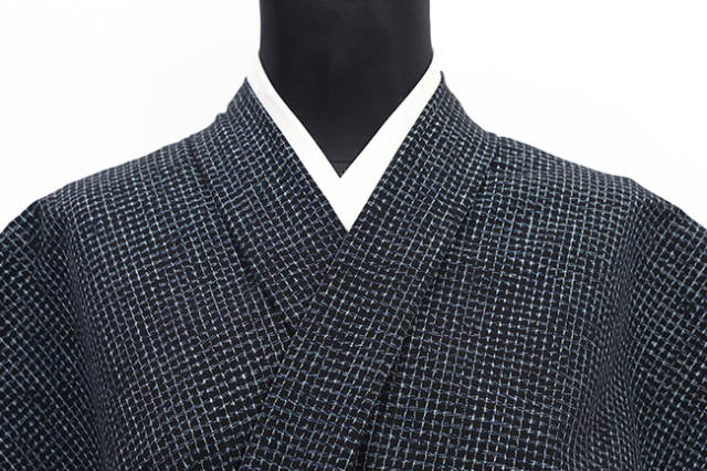 久留米絣 木綿着物 普段着きもの 文人格子 広幅 濃紺