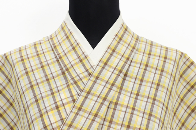 片貝木綿 木綿着物 紺仁工房 チェック 黄色×焦茶