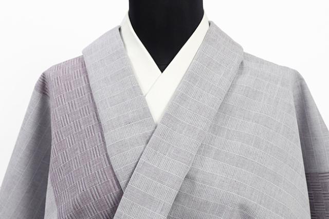 片貝木綿 木綿着物 紺仁工房 片寄せ網代格子 紫