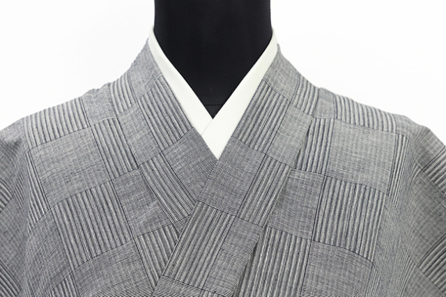 片貝木綿 木綿着物 紺仁工房 網代格子 灰色