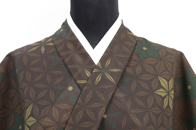 【受注商品】小室庵 セオα ポリエステル 着物 麻の葉 モスグリーン