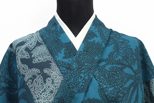 【3/20ライブショッピング紹介商品】【受注商品】小室庵 セオα ポリエステル 着物 更紗 ブルー