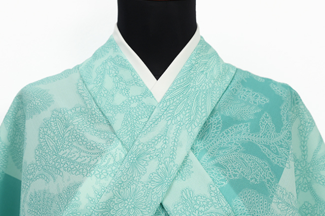 【3/20ライブショッピング紹介商品】【受注商品】小室庵 セオα ポリエステル 着物 更紗 ミントグリーン