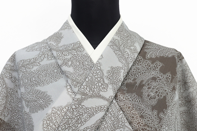 【3/20ライブショッピング紹介商品】【受注商品】小室庵 セオα ポリエステル 着物 更紗 ライトグレー