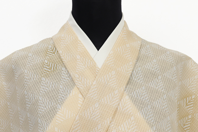 紺仁工房 綿麻紅梅 夏着物 越後型染 幾何学 ツリー ベージュ