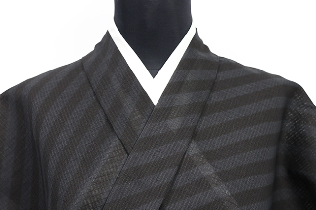 紺仁工房 綿麻紅梅 夏着物 越後型染 斜め縞 黒