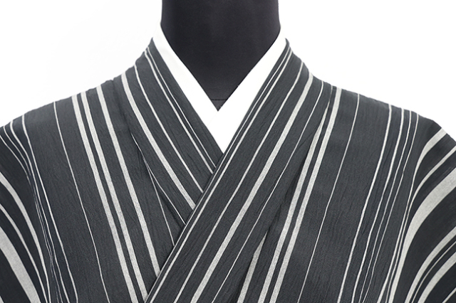 小千谷 綿麻縮 夏着物 楊柳 広幅 やたら縞 墨黒