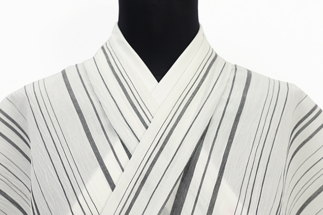 小千谷 綿麻縮 夏着物 楊柳 広幅 やたら縞 白