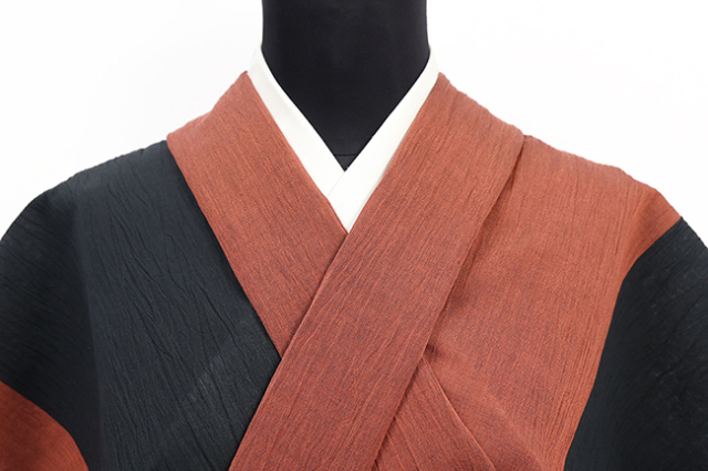 小千谷 綿麻縮 夏着物 楊柳 広幅 二色切り替え えんじ×黒
