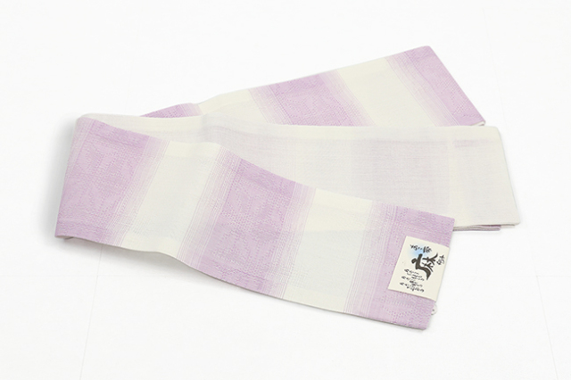 本麻 半幅帯 夏帯 麻の葉 ぼかし縞 白×紫
