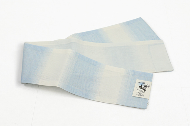 本麻 半幅帯 夏帯 麻の葉 ぼかし縞 白×水色