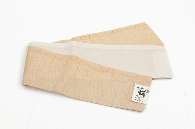 本麻 半幅帯 夏帯 片寄せ蔦 橙×白