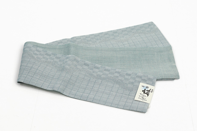 本麻 半幅帯 夏帯 格子と波 薄青緑