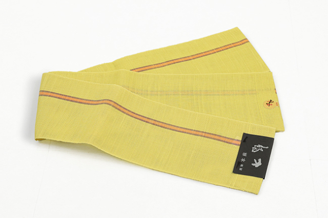 西陣 本麻 半幅帯 夏帯 ライン 黄色