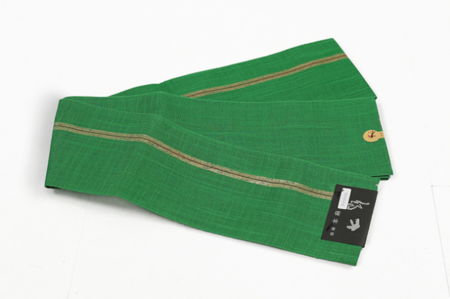 西陣 本麻 半幅帯 夏帯 ライン 緑