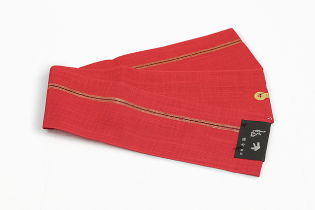 西陣 本麻 半幅帯 夏帯 ライン 赤
