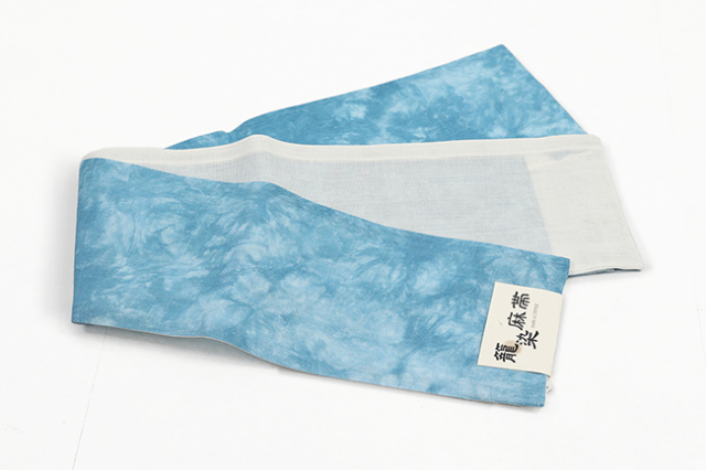 本麻 半幅帯 夏帯 籠染麻帯 水色×白