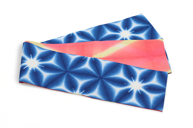 藤井絞り 綿麻 半幅帯 夏帯 雪花×板〆絞り 青×ピンク