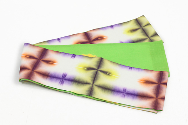 藤井絞り 綿麻 半幅帯 夏帯 カレイドスコープ×向日葵 黄色×紫